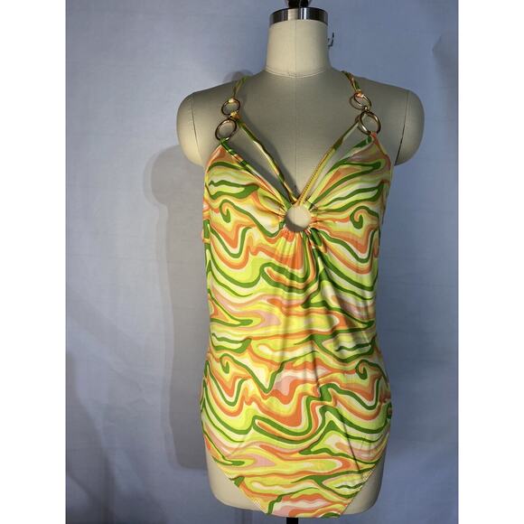 New Mod Psychedelic Bodysuit Orange Yellow Green Marbled Rue21 Womens Juniors L - Picture 2 of 8